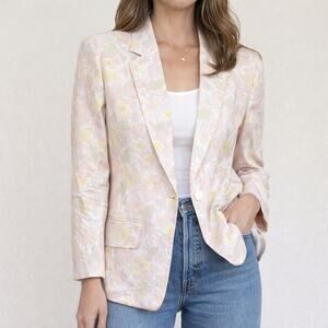 Liz Claiborne Womens 4P Pink Floral Linen Blazer Petite Shoulder Pads